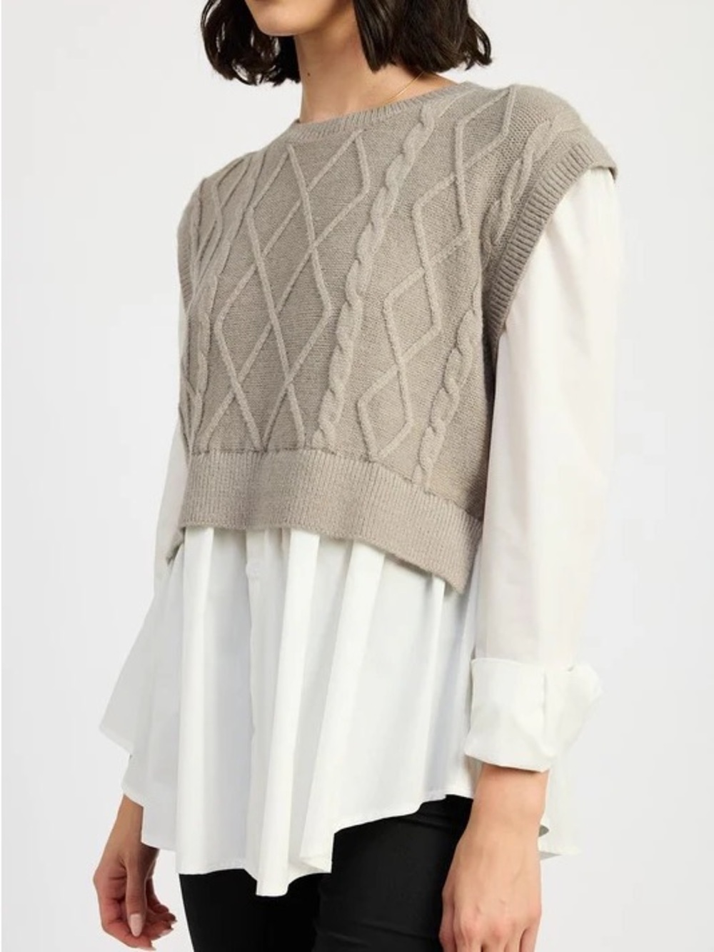 Emory Park Cable Two Fer Sweater Vest Shirt Medium Taupe White